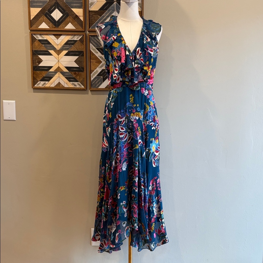 SALONI Teal Blue Floral Silk Blend V-Neck Long Ruffle Dress size 6